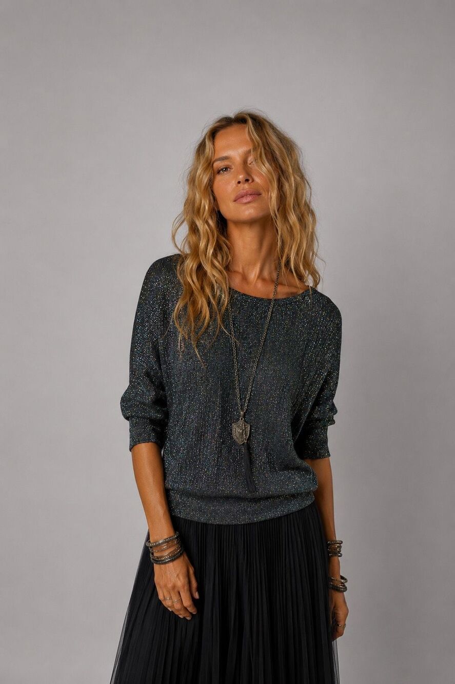 Zara Knit Metallic Rainbow Lurex Sweater Top Italian Yarn Black Sparkle Dolman S